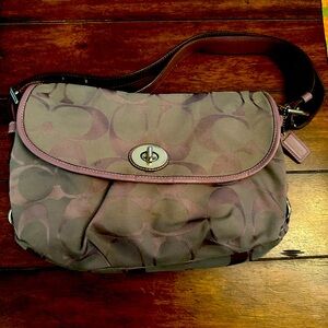 Grey and purple Coach purse and matching wallet.